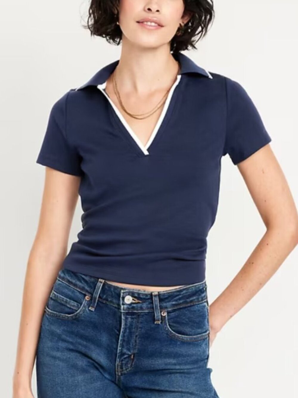 Old Navy Short Sleeve Spread V-Neck Polo Navy Blue Size Large